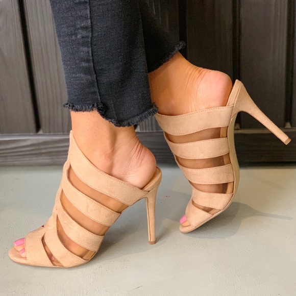 Peep Toe Asymmetrical Mesh Stiletto Heeled Mule - Picture 2 of 5